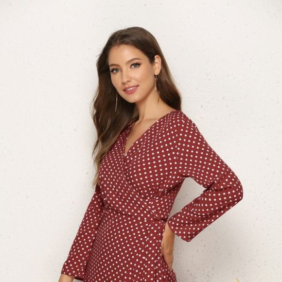 NEW! Polka Dot Ruffle Wrap Dress in Burgundy - Picture 2 of 2